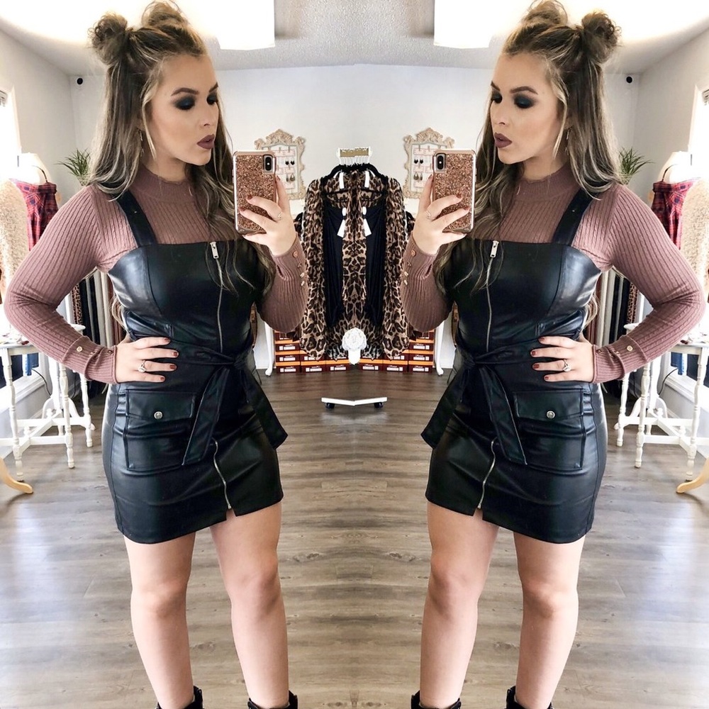 Black leather zip up dress